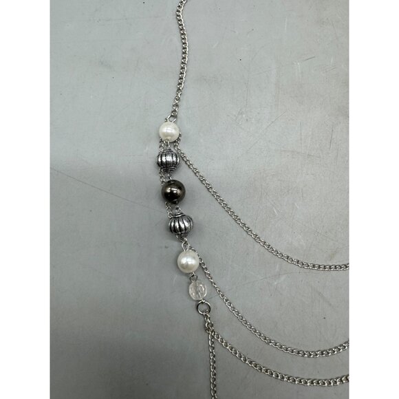 Silver Multilayered Necklace With Pearlescent & Metallic Beads 40" READ - Picture 2 of 5